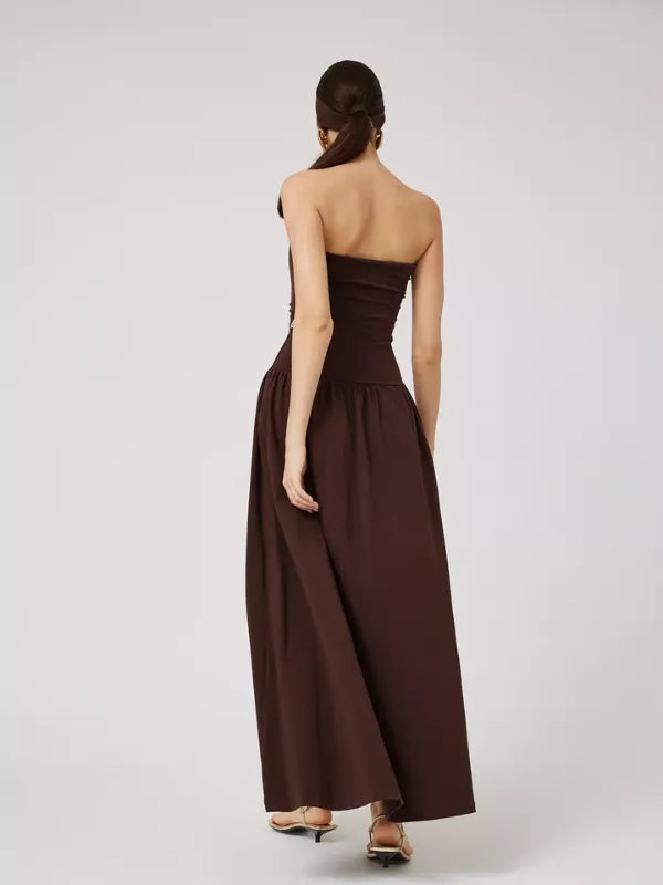 Vestido Longo Tomara que Caia Detalhe Franzido Marrom Chocolate